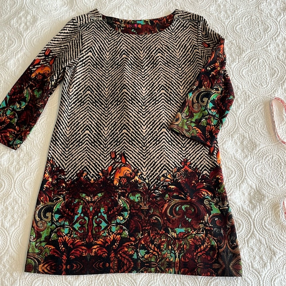Black and Tan Relaxed Tunic with Red Floral Print Design